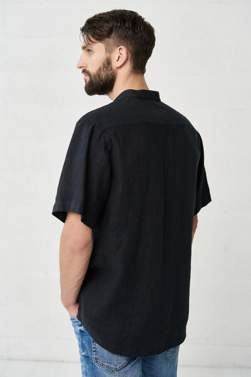 Image 2 of linen shirt with a white stripe in the front & front pocket Povilas from Baltic Linen