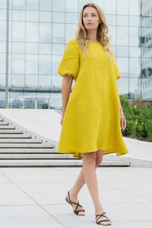 Image 4 of Summer linen dress features half length bubble sleeves Madre from Baltic Linen