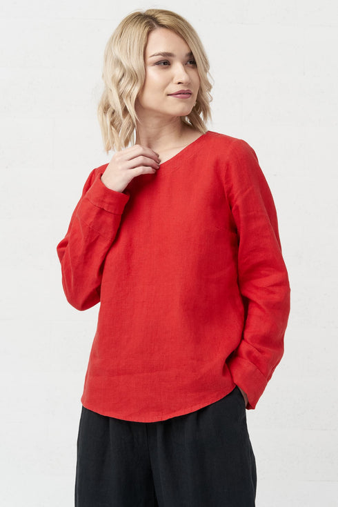 Image 31 of Long sleeves linen blouse has a rounded, banded neckline Karen from Baltic Linen