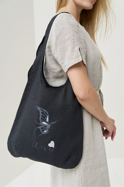 Image 2 of Stylish linen tote bag features one front pocket with a print from Baltic Linen