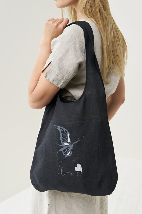 Image 5 of Stylish linen tote bag features one front pocket with a print from Baltic Linen