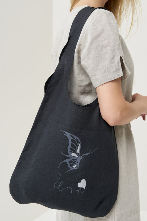 Image 3 of Stylish linen tote bag features one front pocket with a print from Baltic Linen
