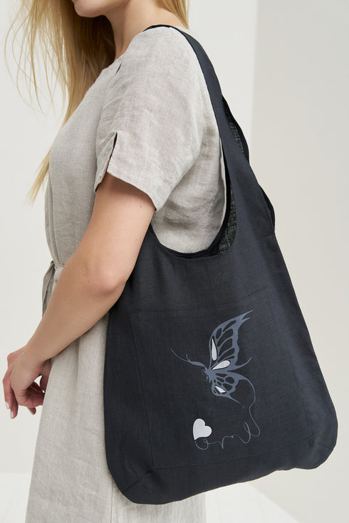 Image 6 of Stylish linen tote bag features one front pocket with a print from Baltic Linen