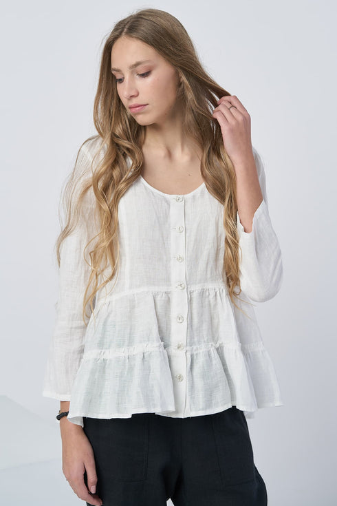 Image 2 of Casual linen blouse features a ruffled bottom and long sleeves Vaiva from Baltic Linen