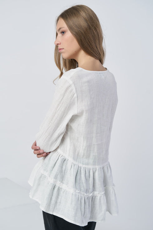 Image 4 of Casual linen blouse features a ruffled bottom and long sleeves Vaiva from Baltic Linen