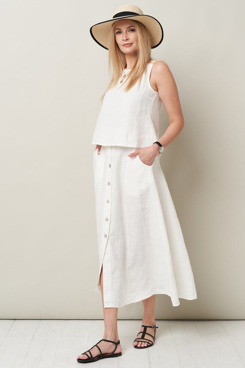 White linen skirt buttons top