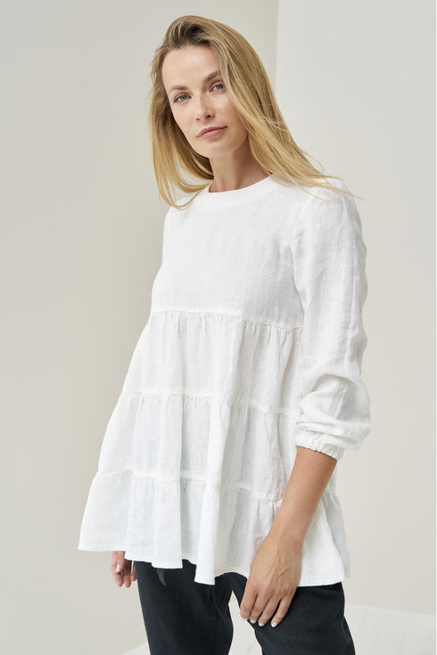 Image 1 of Linen blouse top has long sleeves and a ruffled bottom Vilte from Baltic Linen