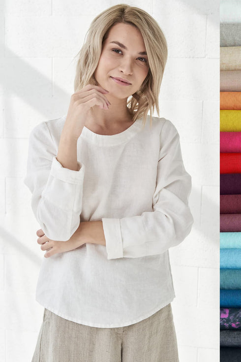 Image 33 of Long sleeves linen blouse has a rounded, banded neckline Karen from Baltic Linen